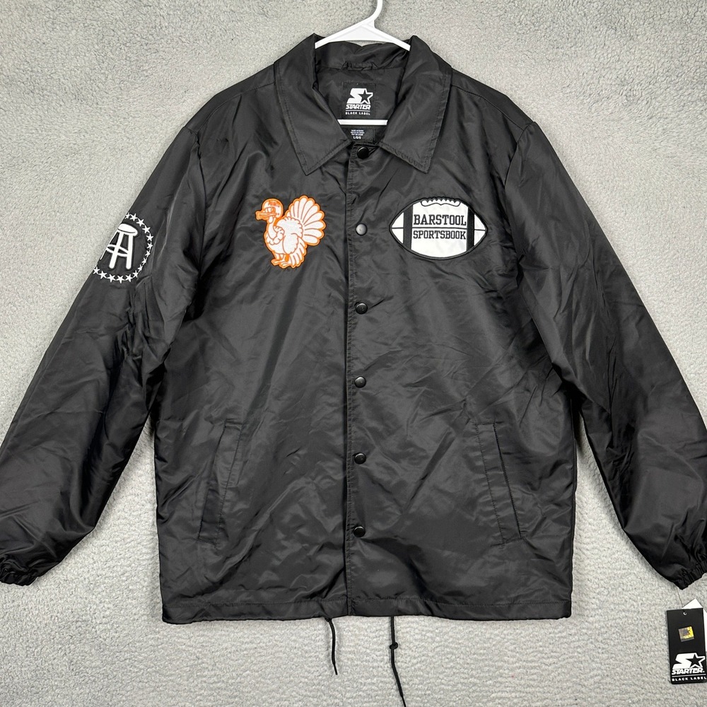 NEW Starter Black Label Coaches Jacket Mens Large Black Barstool Sportsbook Logo